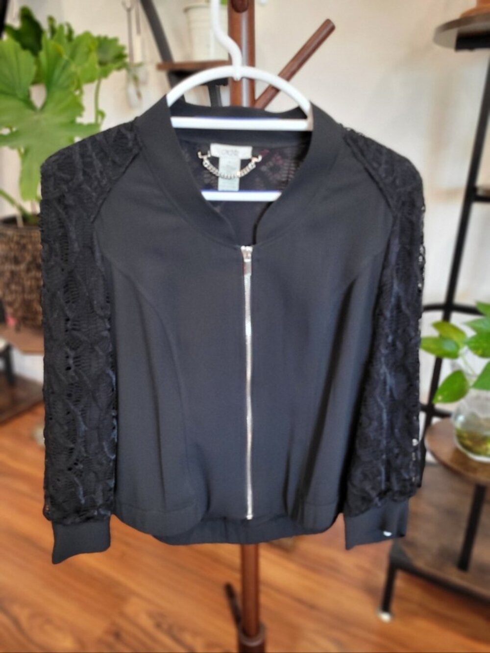 Y2K Caché Womens Black Sheer Lace Zip Up Bomber Jacket Sheer Sleeve, Size 10